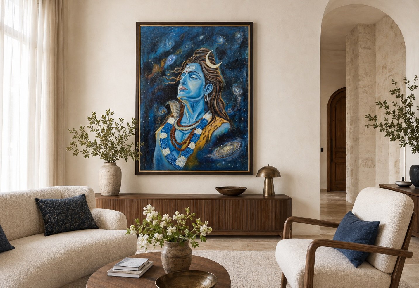 Original hand-painted portrait of Shiva against a cosmic background