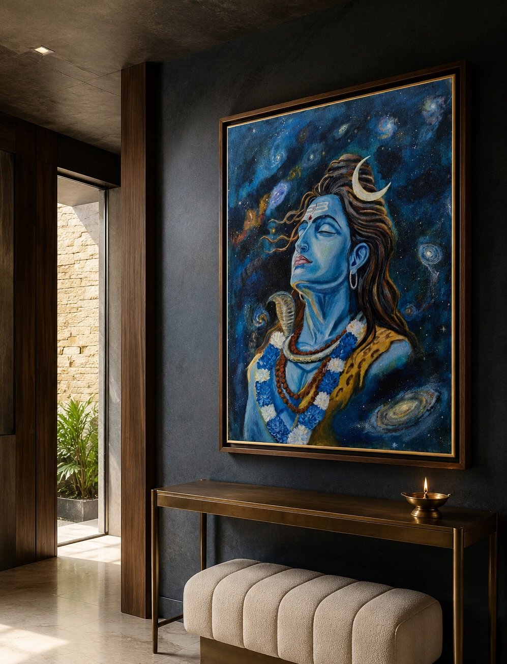 Large framed Shiva print displayed in a bright luxury living room
