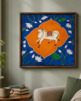 Sacred Cow in the Blue Lotus — Hand-Painted Pichwai-Inspired Art