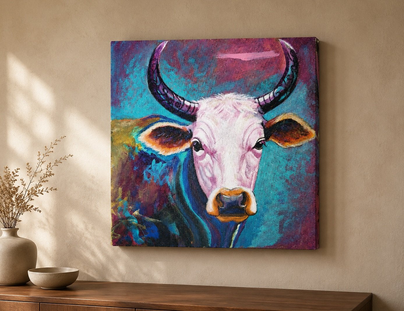 Reference view of the cow painting as a canvas print in a warm interior