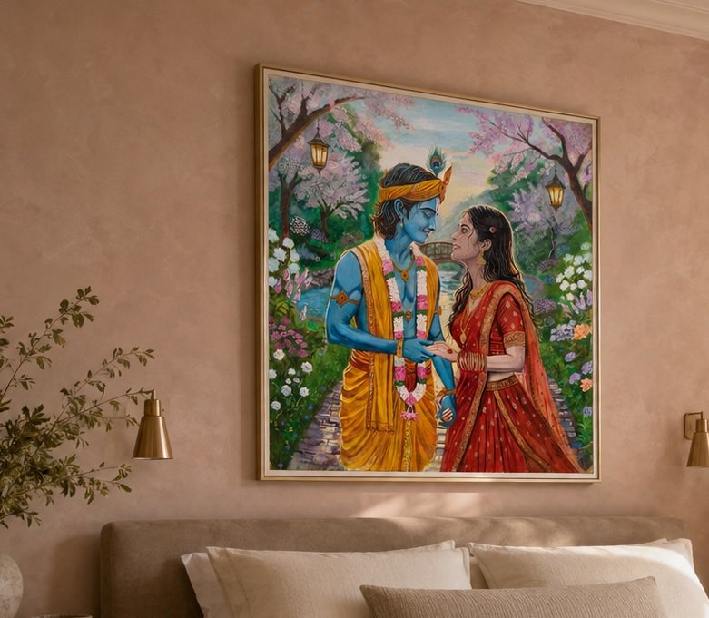 Radha Krishna canvas edition shown in a framed presentation