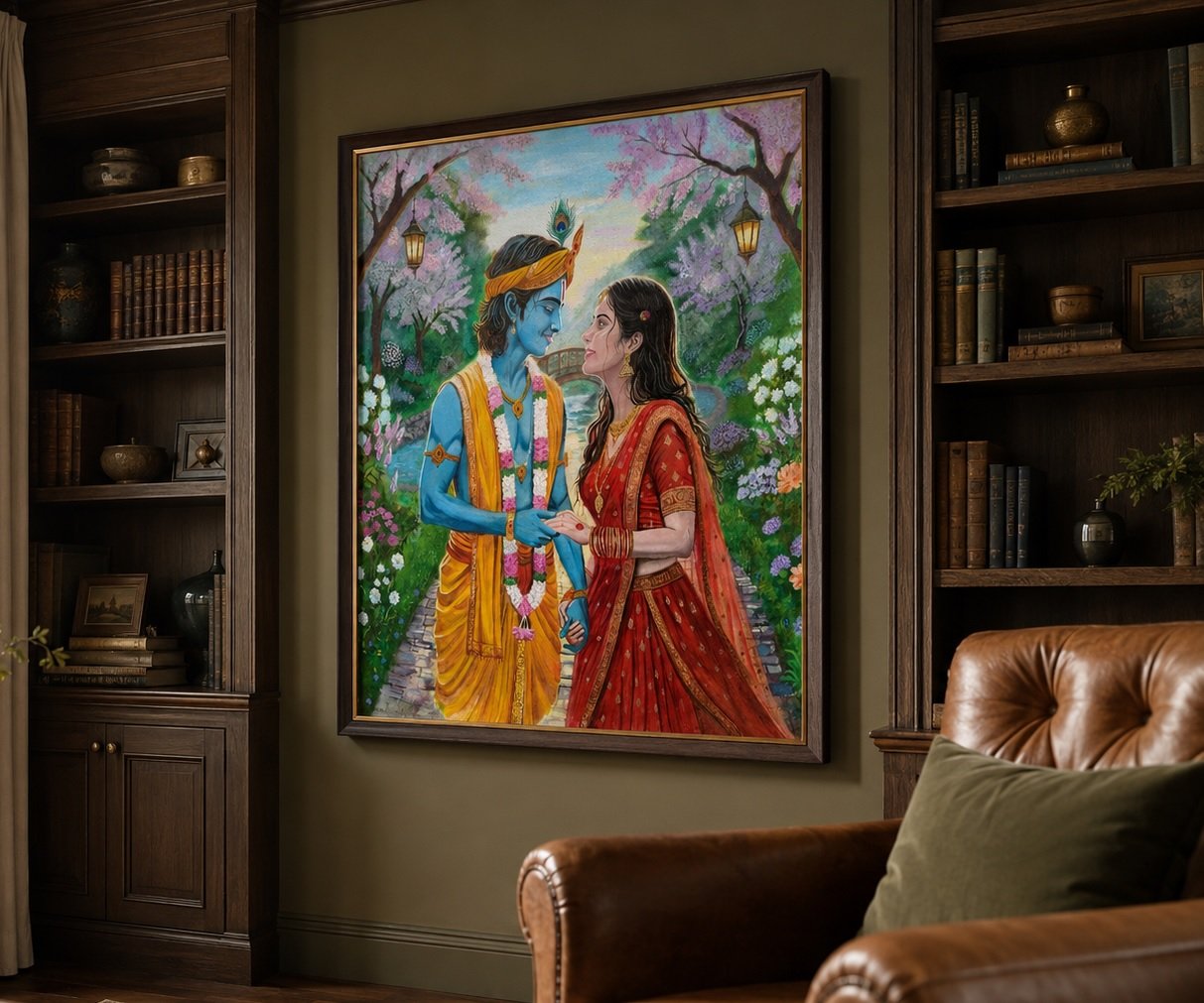 Radha Krishna canvas edition shown with a dark wall presentation
