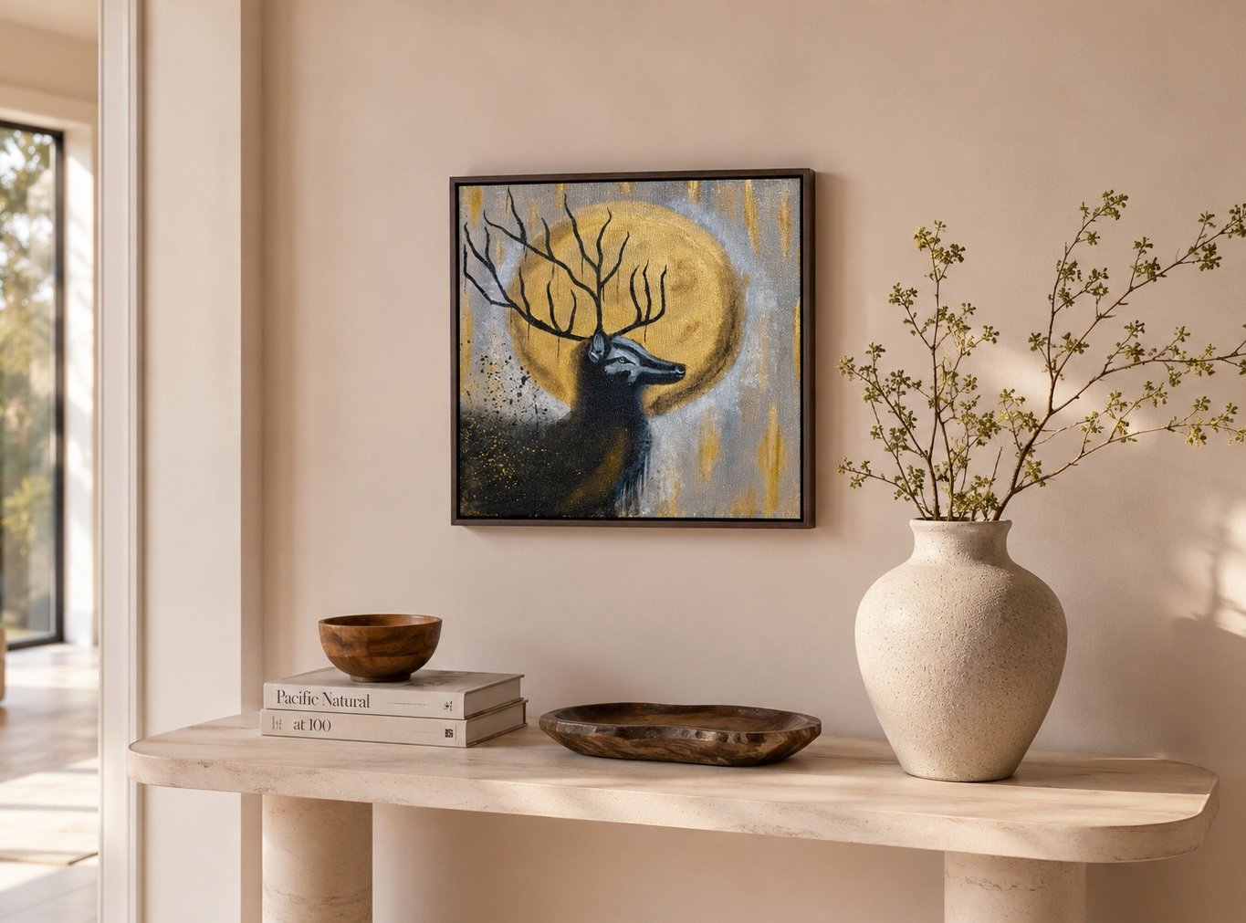 Golden Moon Stag – Hand-Painted Deer Wall Art