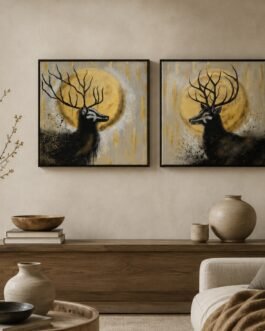 Golden Moon Stag Pair – Hand-Painted Deer Wall Art Set of 2