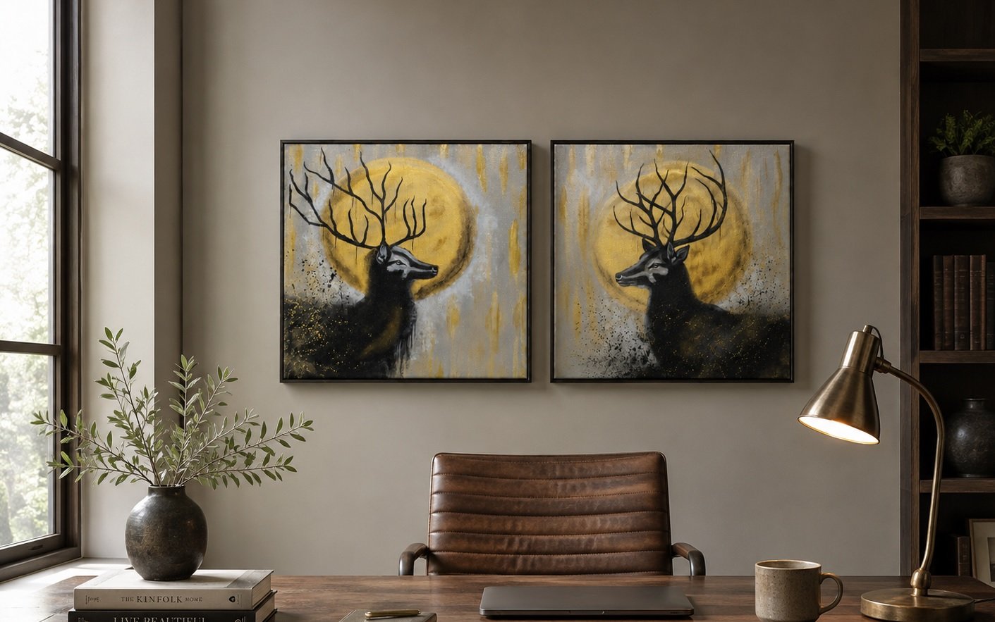 Golden Moon Stag Pair – Hand-Painted Deer Wall Art