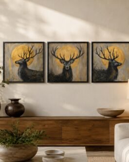 Golden Stag Wall Art Set of 3 – Hand-Painted Modern Nature Decor