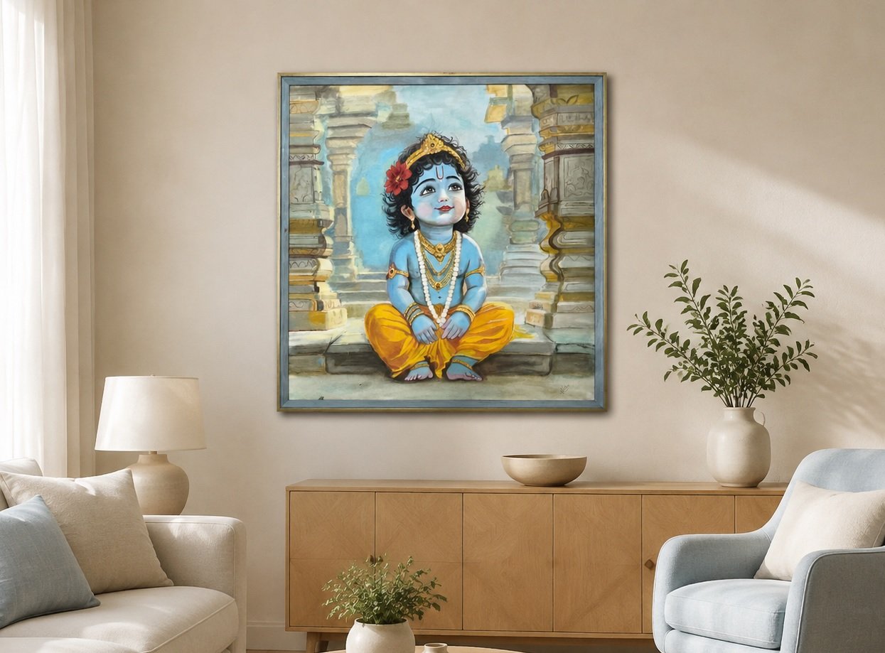 Close detail of Kanha's expression and hand-painted surface