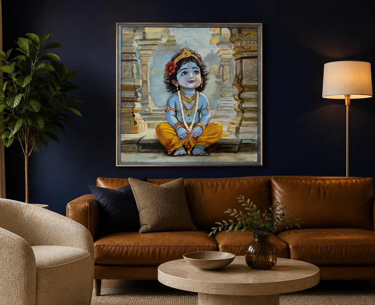 Artist Neha Tagai Bhatt with the original Kanha painting