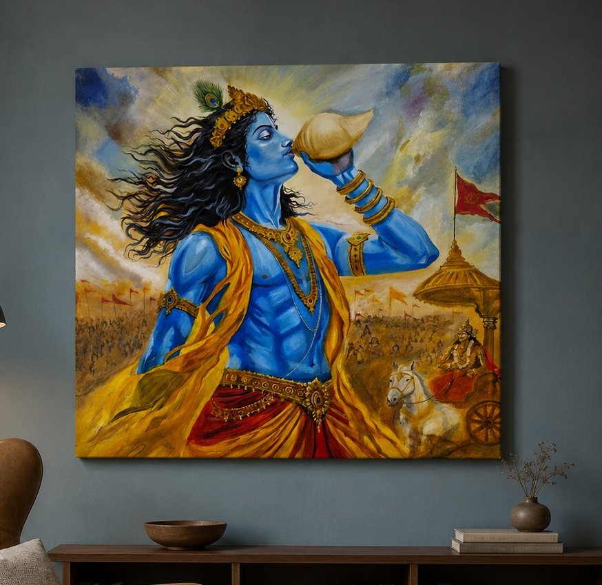Krishna's Divine Call canvas print shown unrolled beside protective paper and a sturdy mailing tube