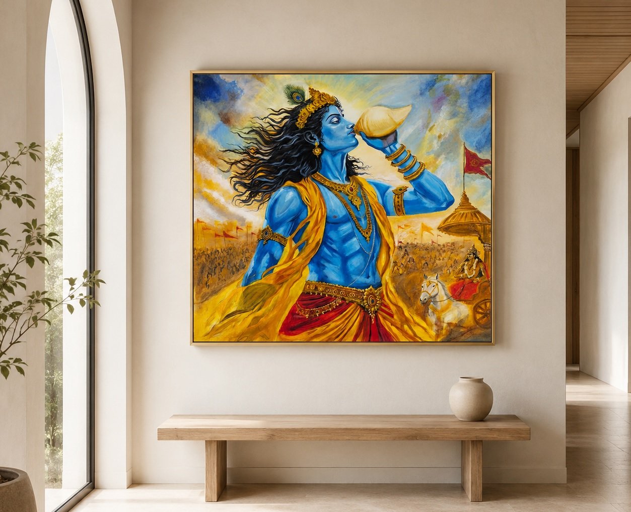 Styled preview of the Krishna's Divine Call canvas print after stretching