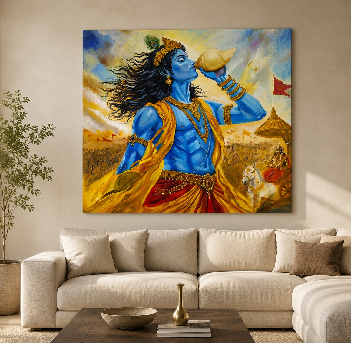 Krishna's Divine Call displayed in a warm Indian-inspired interior