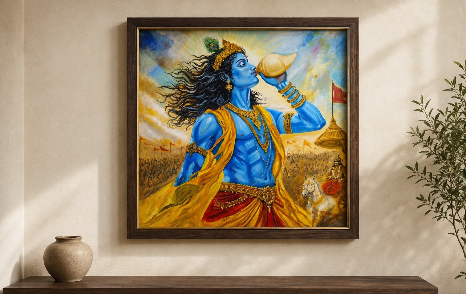 Original painting Krishna's Divine Call, showing Krishna sounding a conch