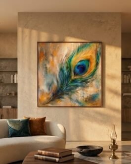 Contemporary Peacock Feather Textured Canvas Wall Art