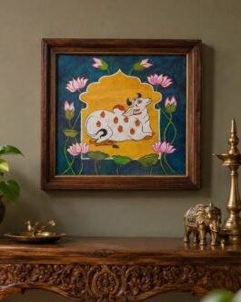 Nandi Among Lotuses — Pichwai-Inspired Hand-Painted Art
