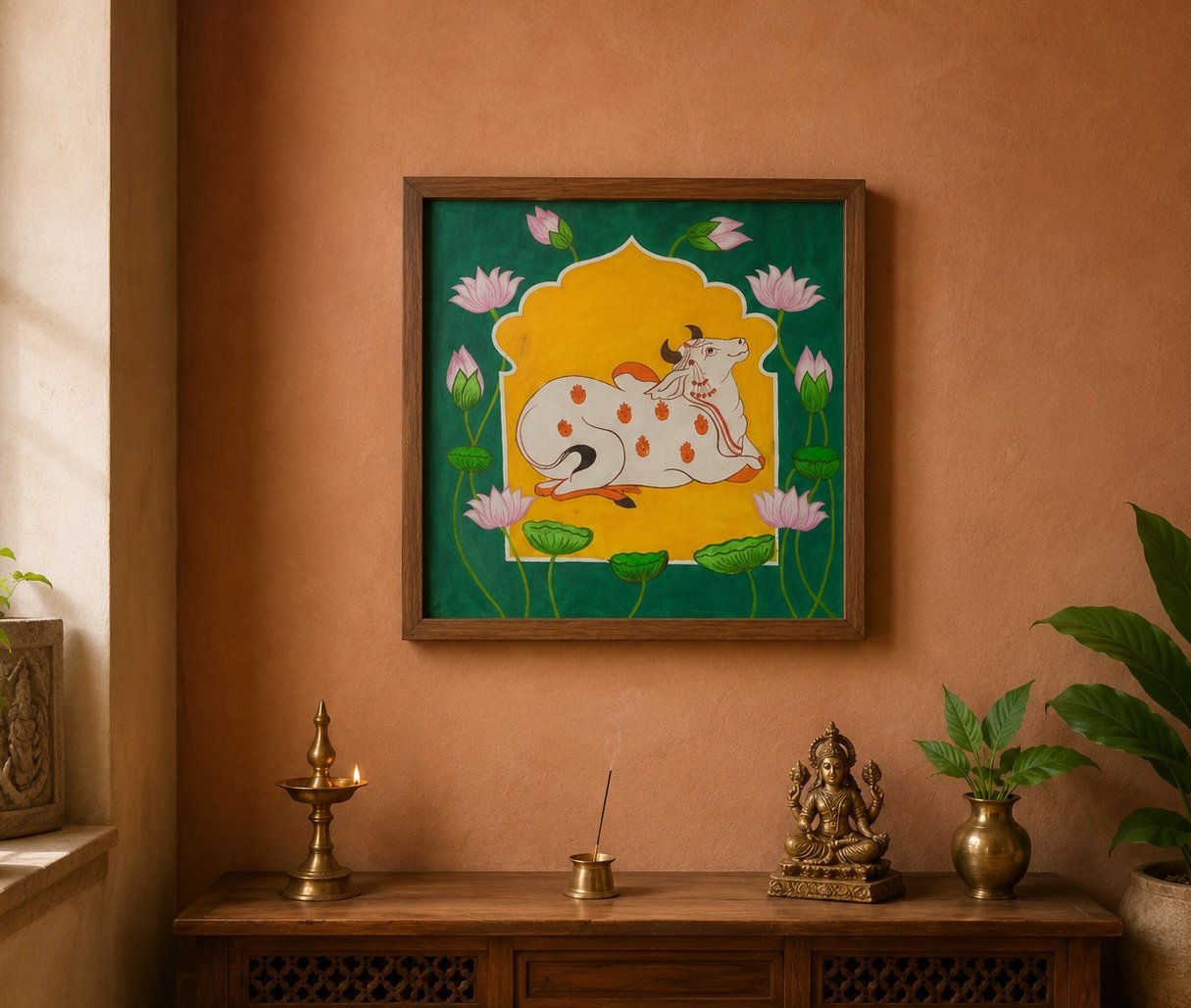 Sacred Nandi in Bloom — Hand-Painted Pichwai-Inspired Art