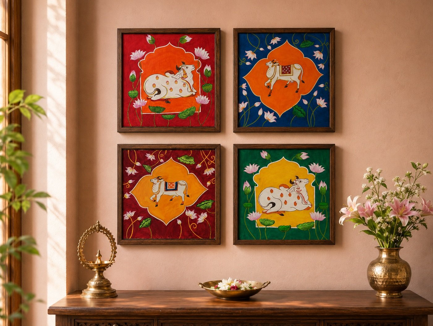 Sacred Lotus Pichwai Cow Painting Set of 4