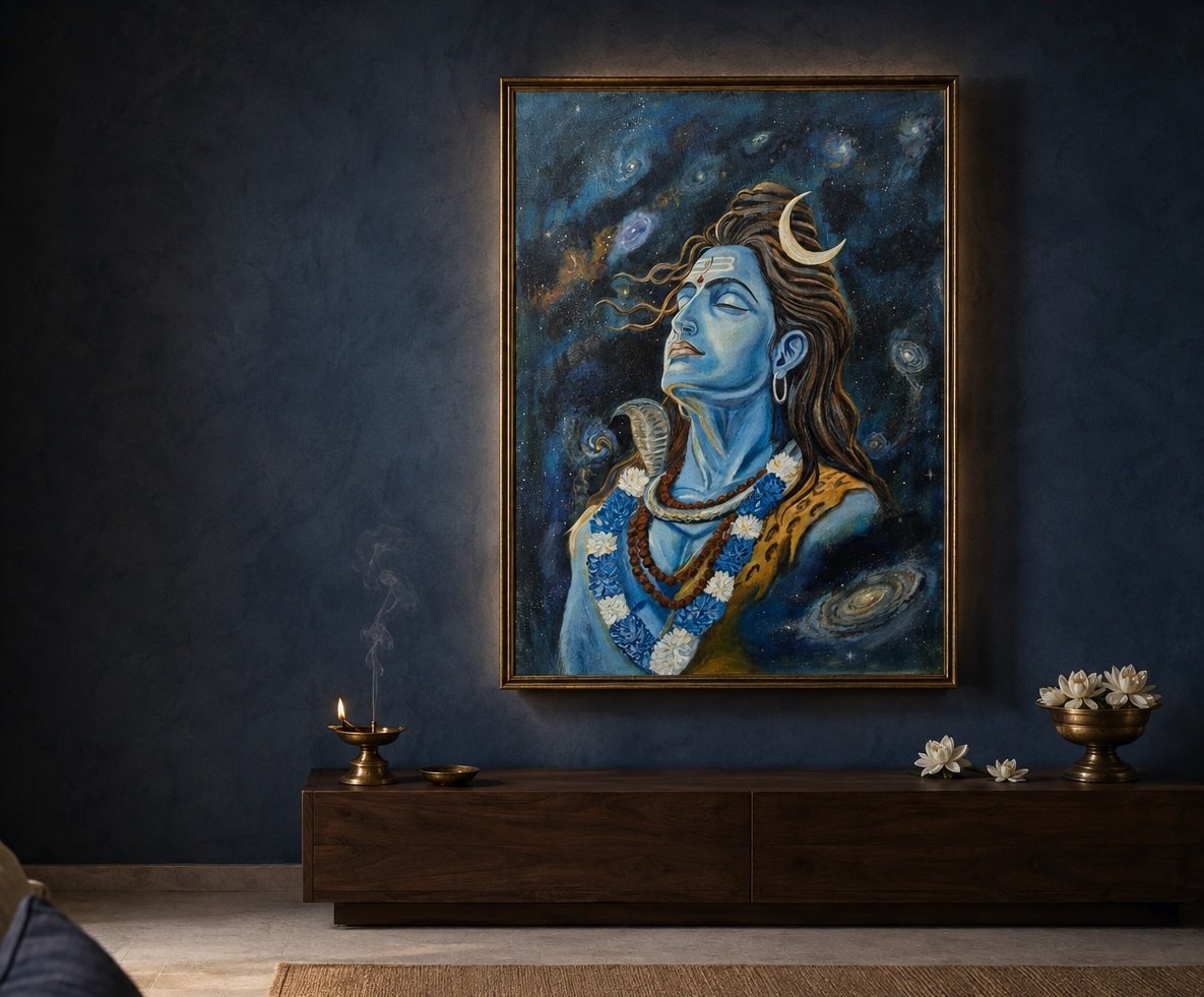 Shiva cosmic painting displayed in a serene indigo interior