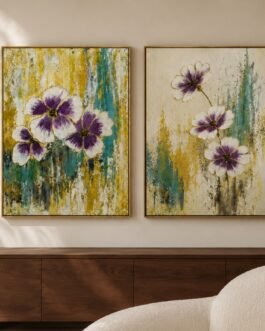 Textured Purple Floral Wall Art Set of 2 – Teal and Gold Abstract Canvas Paintings