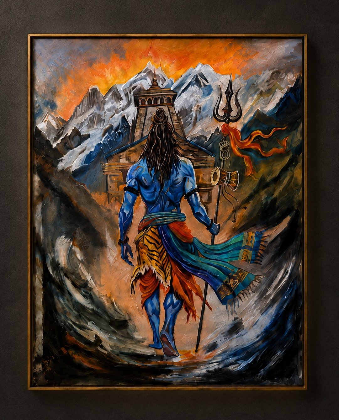 The Divine Journey Shiva painting displayed in a warm limestone interior
