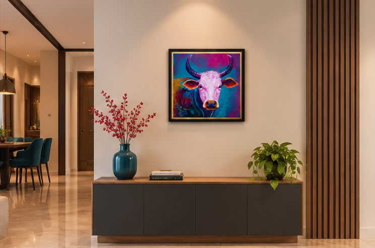 The cow painting photographed in the artist's studio
